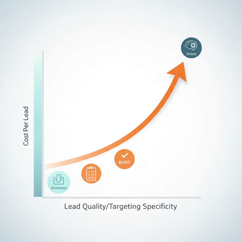 Graph showing rising costs of content syndication per lead with increasing quality and targeting specificity, with Kliqwise