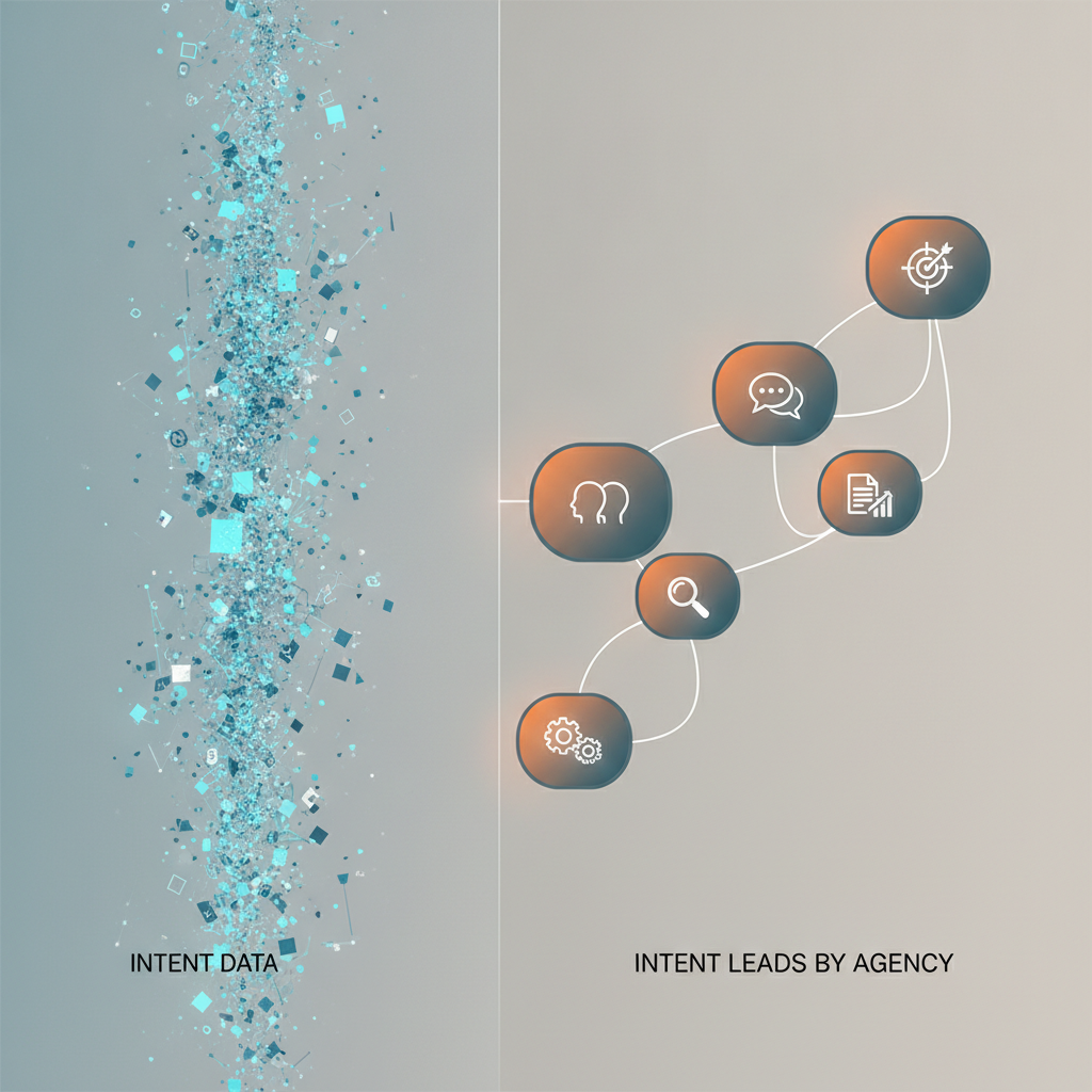 Diagram illustrating the difference between raw intent data signals and verified intent leads delivered by an agency