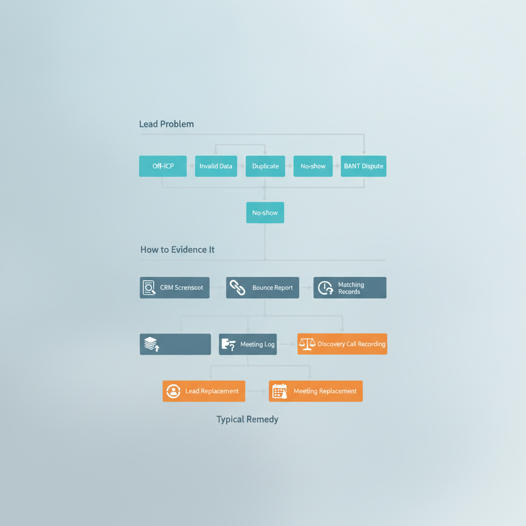 Diagram illustrating a B2B lead replacement policy covering lead problems, evidence, and remedies.